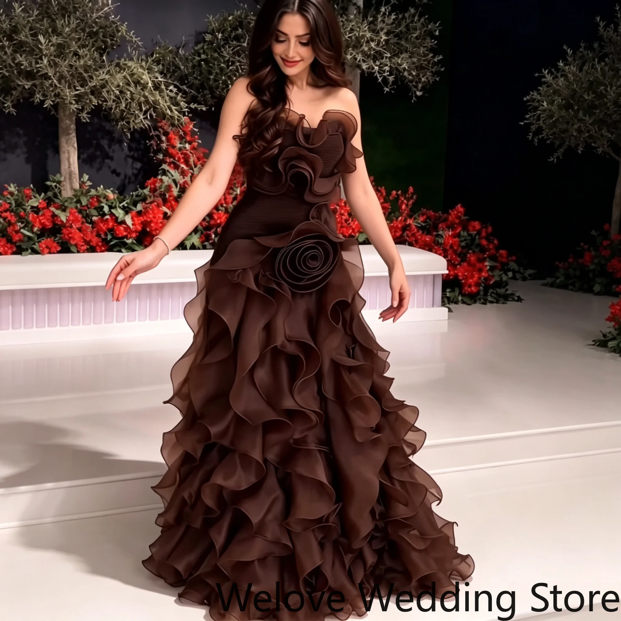 Customized Gorgeous Women Dark Brown Strapless Long Evening Dress, Handmade 3D Floral Ornament, Multi-layer Ruffled Tulle A-line