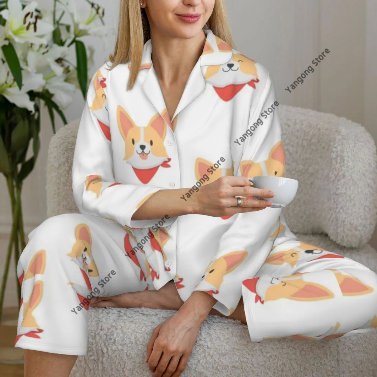 

Cute Corgi Dog Pattern Womens Pajamas Loungewear Two-piece Sleepwear Button-Down Full Sleeve Long Pajamas Set