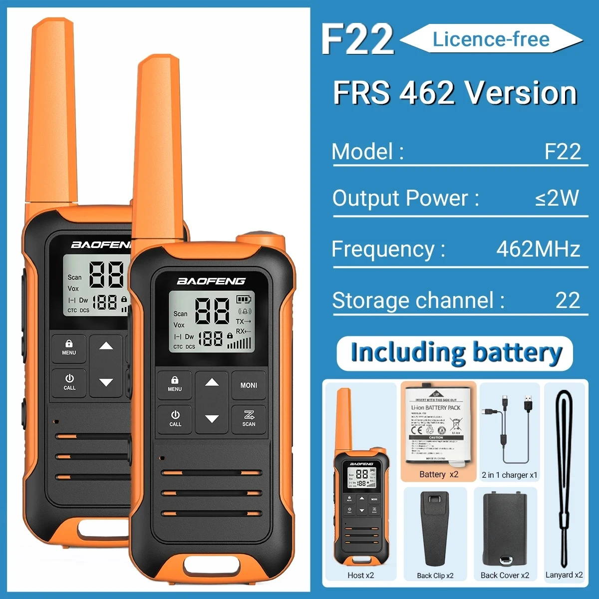 Baofeng F22 FRS Walkie Talkie 2pcs Portable Two-Way Radio Long Range VOX Type-C Charger Camping Hotel Restraunt Outdoor