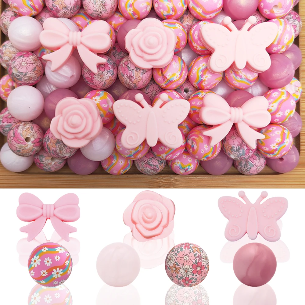 25/32/33PCS Pink Bow Series Silicone Bead Set, Perfect for DIY Handmade Crafts Such as Keychains, Necklaces, Bracelets, Etc