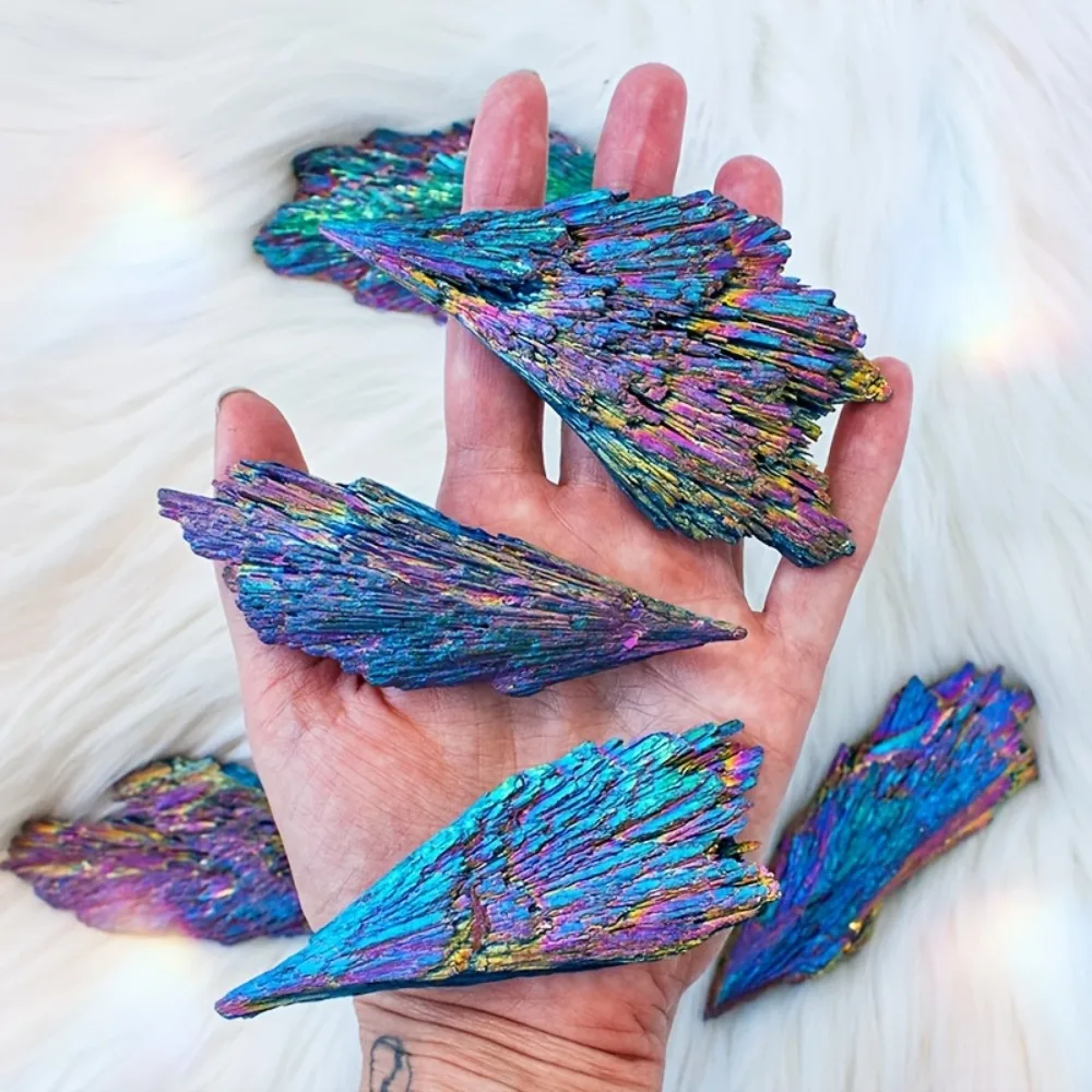 Natural Black Tourmaline Peacock Feather Electroplated Crystal Healing Reiki Mineral Home Decoration Handmade Feather Carving