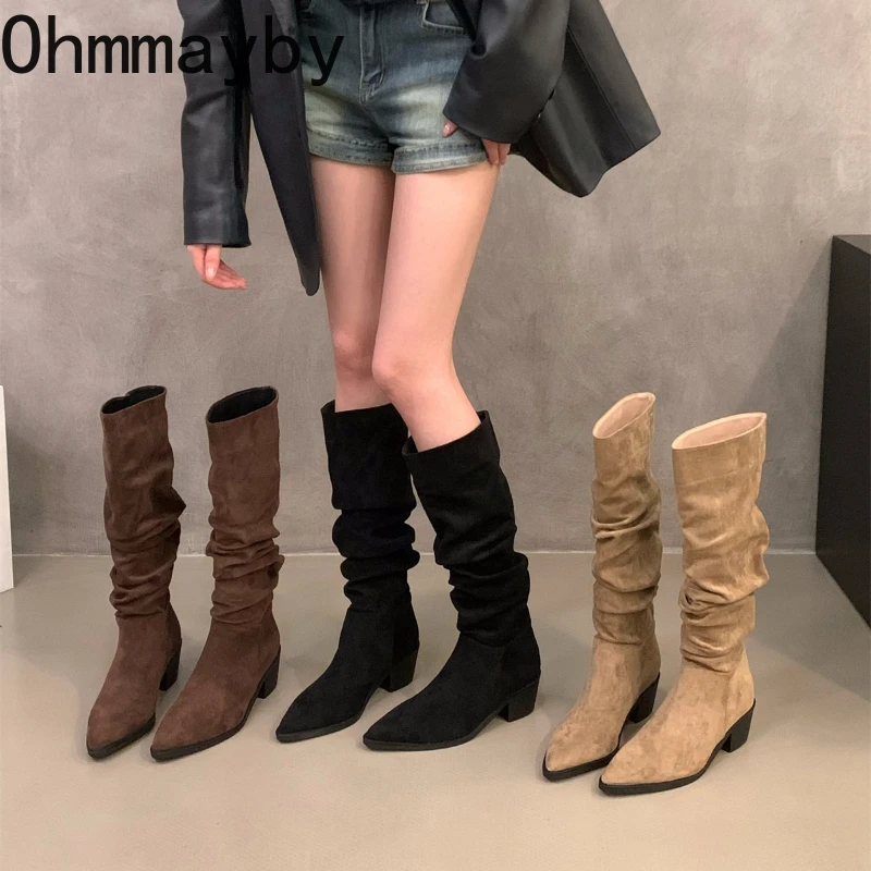 

Осень-зима, женские сапоги до колена на толстом каблуке с острым носком, модная обувь для стриптиза, вечерние женские плиссированные тонкие рыцарские длинные боты