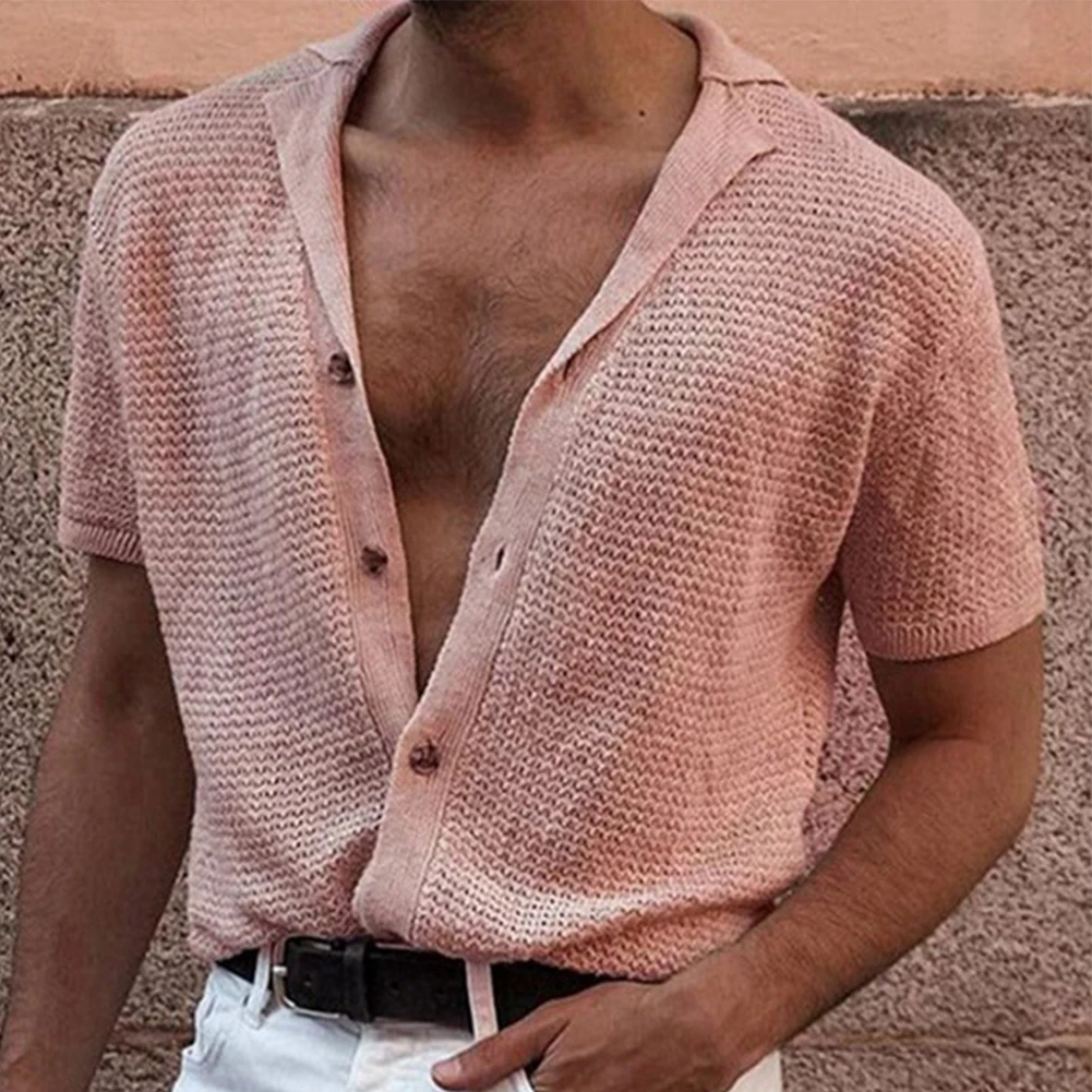 

Handsome Men Button Up Shirts Summer Knitting Tops Beach Tee Short Sleeve T-shirts Fashion Blouse Breathable Button-Down Shirts