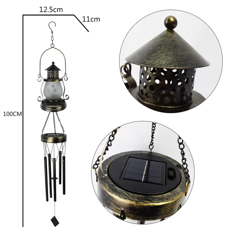 Solar Iron Wind Chime Lamp, Hollow Solar Floodlight, Estilo europeu, Ao ar livre, impermeável, Lâmpada de jardim decorativa