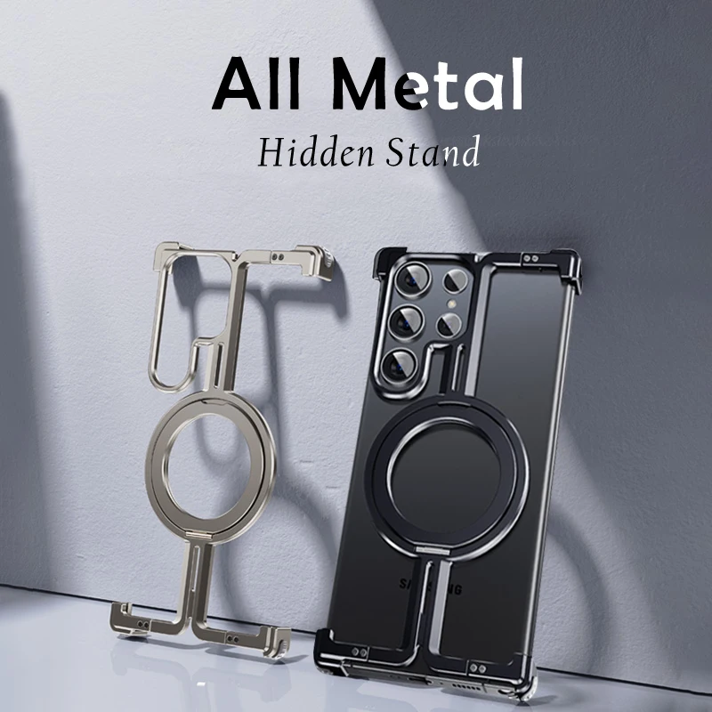 

Luxury Aluminum Alloy Magnetic Ring Stand Phone Case For Samsung Galaxy S23 S24 Plus S24Ultra Metal Bumper With Ring Stand Cover