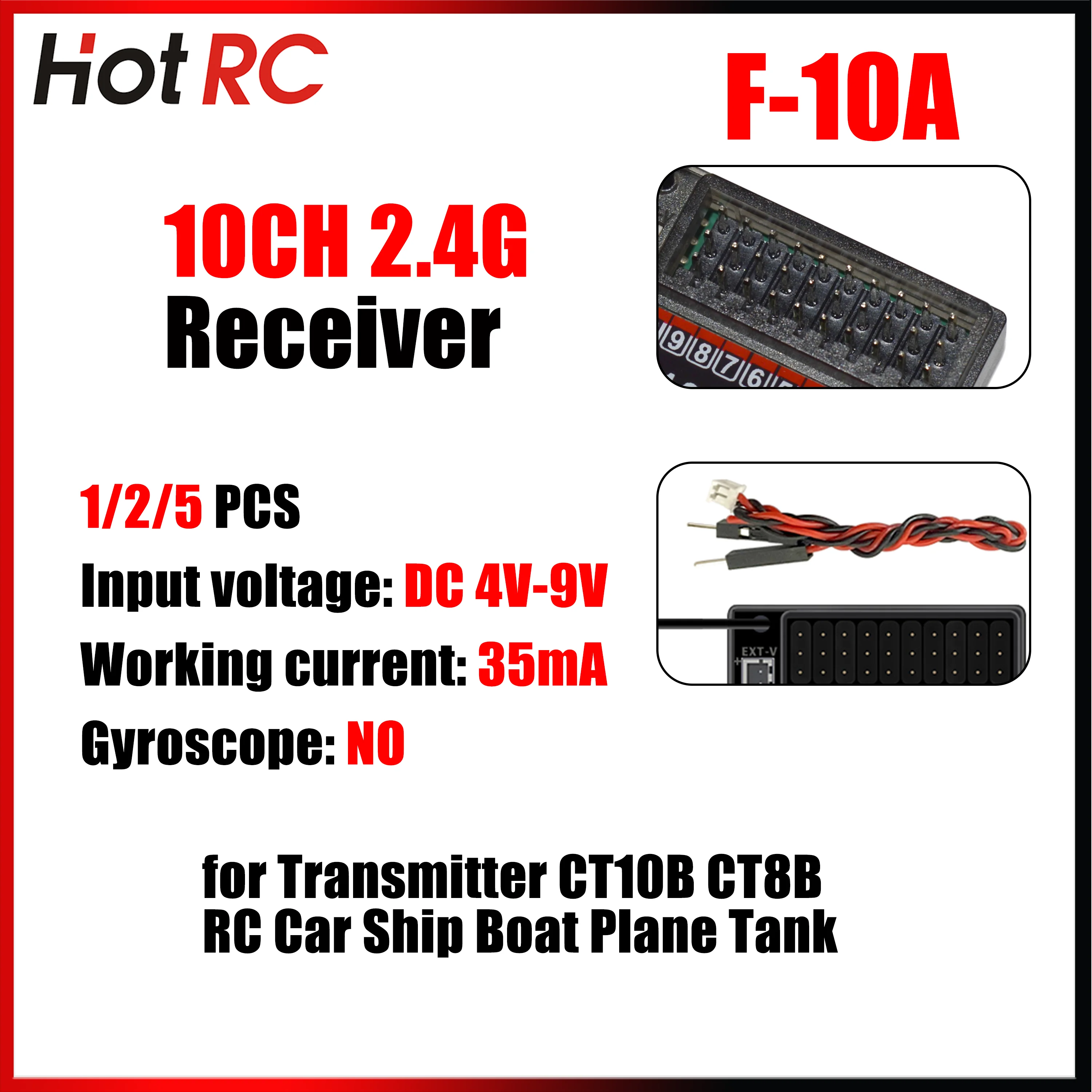 HotRC 10CH 2.4GHz F-10A PWM Ontvanger 4 V-9 V DC voor CT-10B HT-10A Zender Afstandsbediening auto Boot Schip Vliegtuig Tank Model Speelgoed