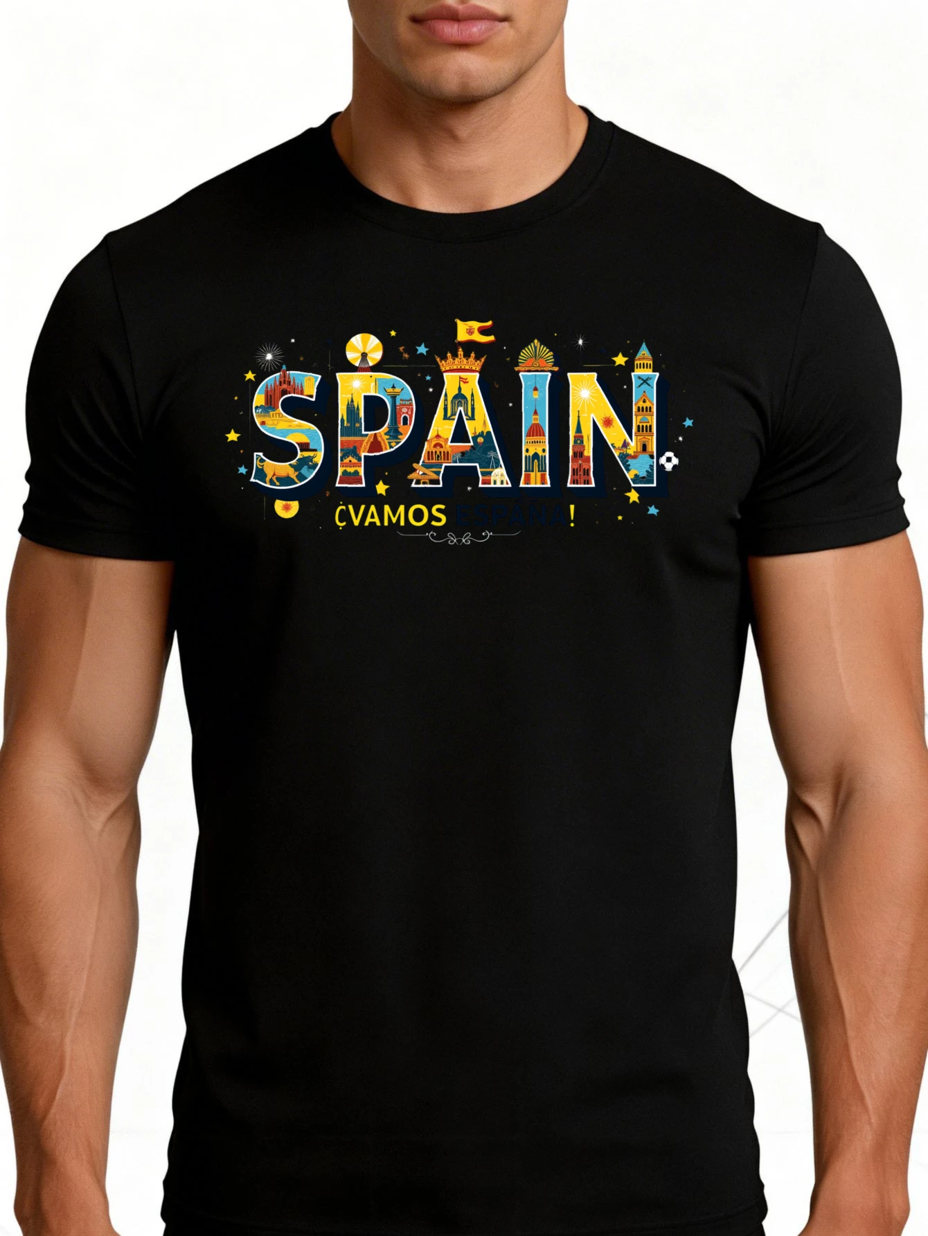 Men's Plain Graphic T-Shirt - Breathable, Soft, Lightweight - Famous Spanish Landmarks, Flags, Stars - Vintage Fun Graphic Casual Short Sleeve Summer Top, Gift for Him