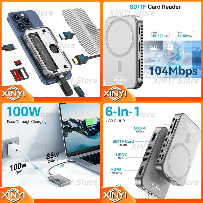 6 in 1 10Gbps Magnetic M.2 NVMe SSD Enclosure for 2230 2242 2260 2280 B+M M-Key with Cooling Fan USB C Docking Station