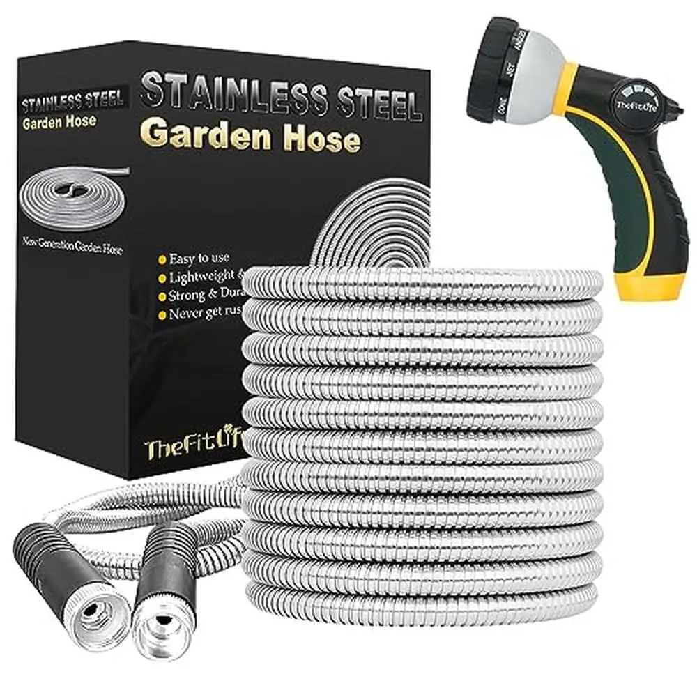 304 Stainless Steel Metal Garden Hose Upgrade Leak Resistant Solid Fittings Sprayer Supreme Durability Practical Flexible