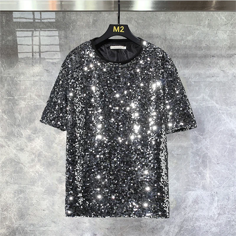 High Quality Luxury Sequins T Shirts Men Poleras Hombre 2023 Men Fashion Black Silver Sequins Punk Club Outfit Nightclub Tees