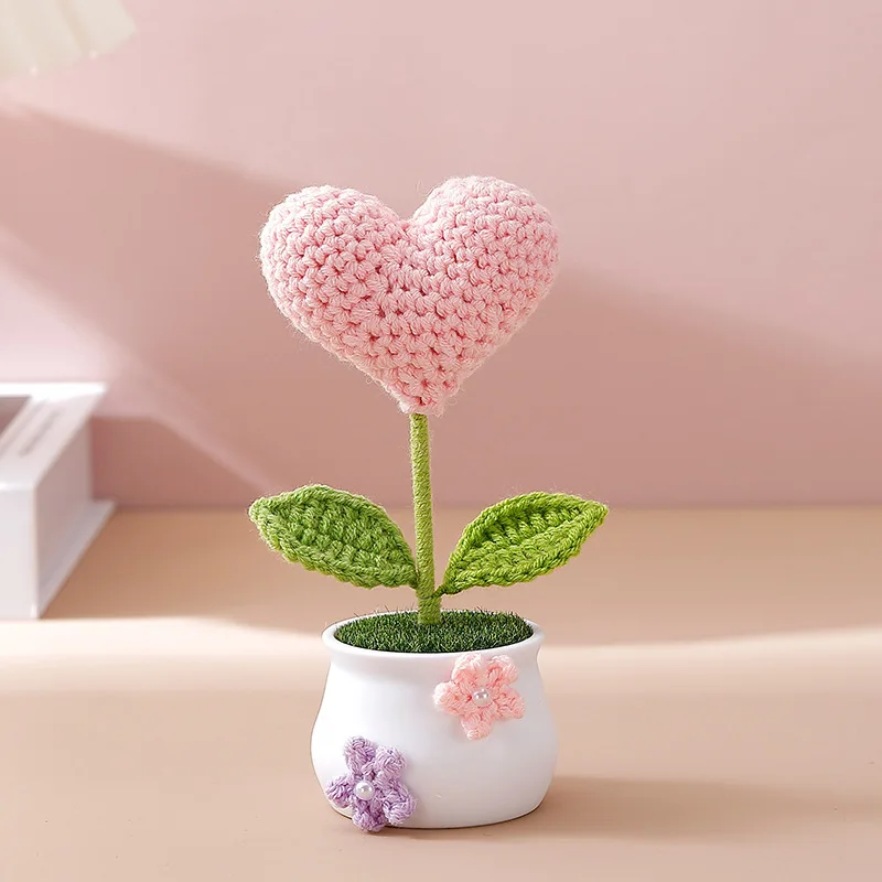 اليدوية الكروشيه شكل قلب بوعاء النباتات المحشوة الانتهاء المنسوجة باقة ديكور المنزل سطح المكتب هدايا عيد الميلاد التخرج