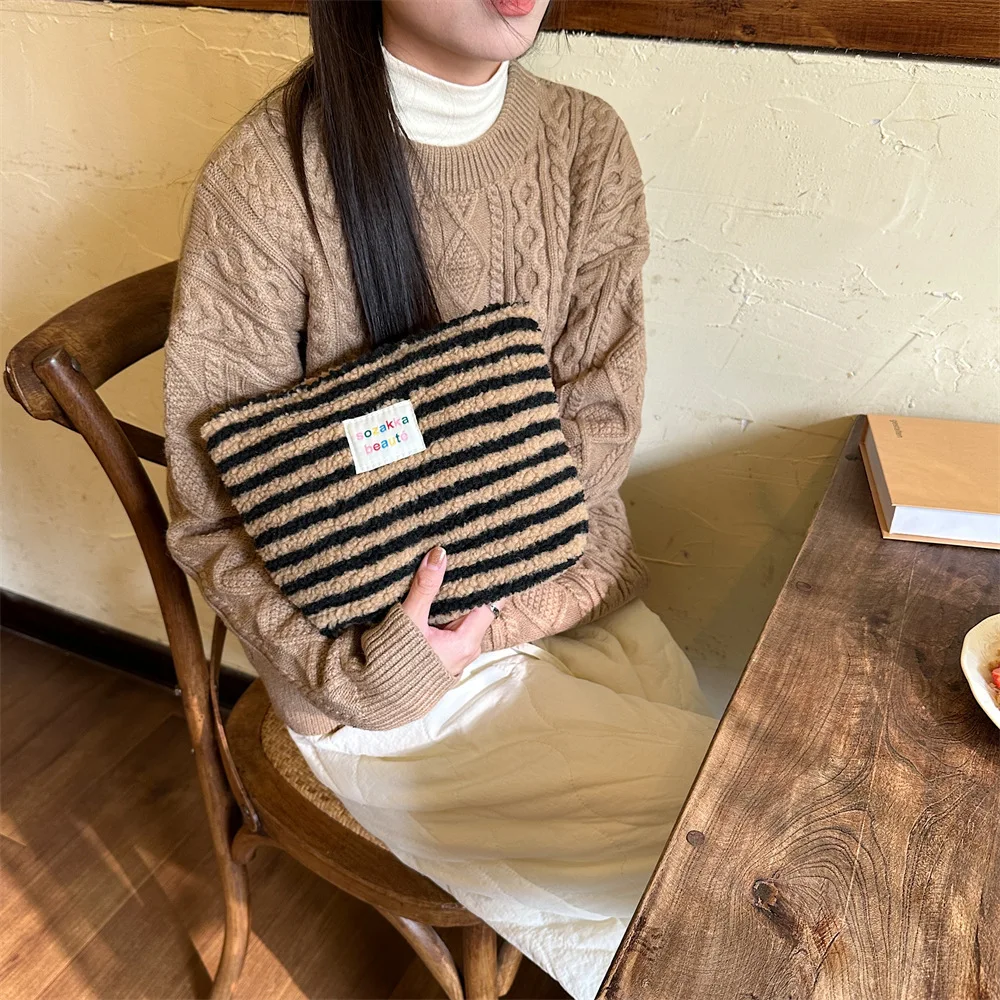 Cozy Winter Sherpa Cosmetic Bag, Y2K Striped Teddy Fleece Makeup Pouch, Soft Fluffy Travel Storage for Women - view 3
