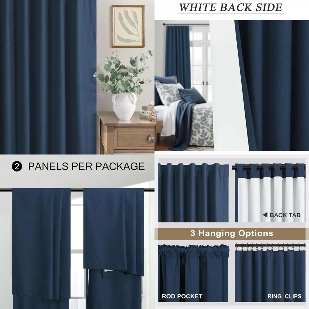 

102 темно-синие 100% затемняющие шторы с задней вкладкой, 2 панели, лен, охлаждение, блокировка света для гостиной, спальни, столовой Ro