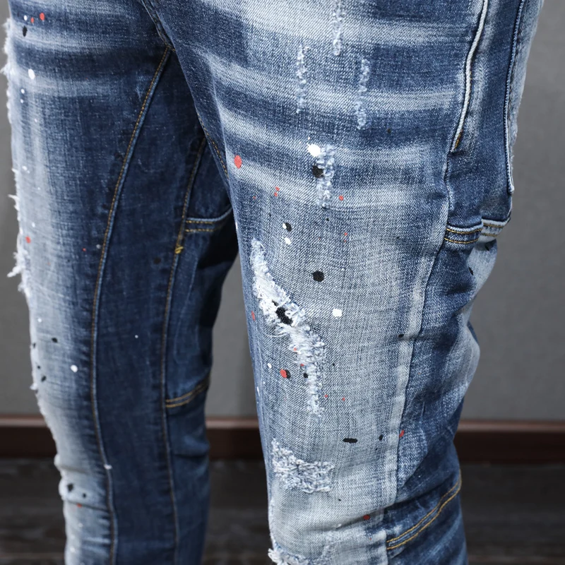 Fashion Designer Men Jeans Retro Blue Spliced Elastic Slim Fit Ripped Jeans Men Embroidery Vintage Trousers Hip Hop Pants Hombre