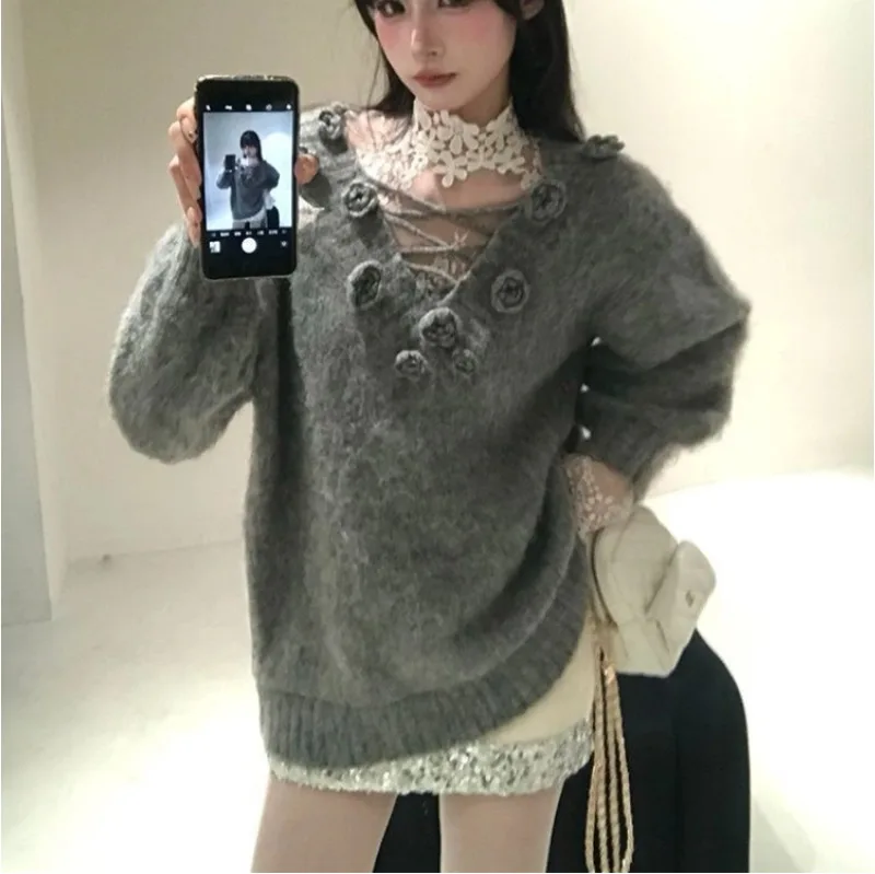 

Осень-зима вязаный свитер костюм женский повседневный базовый кружевной топ с длинным рукавом свободный свитер пуловер японская модная одежда Se