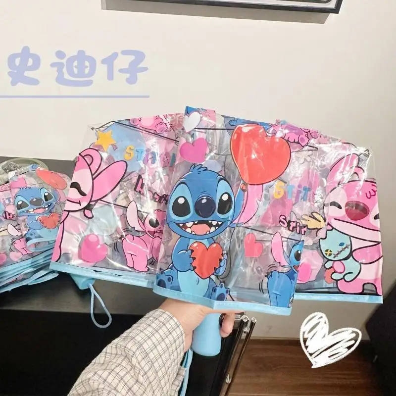 Cartoon Stitch Niedlicher Transparenter Regenschirm Faltbarer Dreifach-Regenschirm Kawaii Erdbeer-Bär Schüler-Regenschirm Kindergeschenk