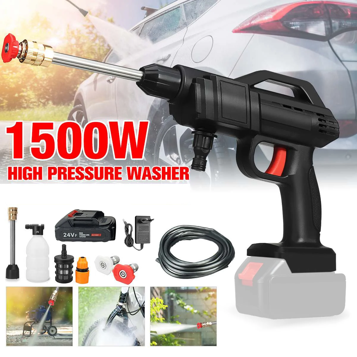 1500W Cordless High Pressure Car Wash Washer Gun 40Bar Foam Generator Spray Water Gun Car Washing Machine for Makita 18V Battery