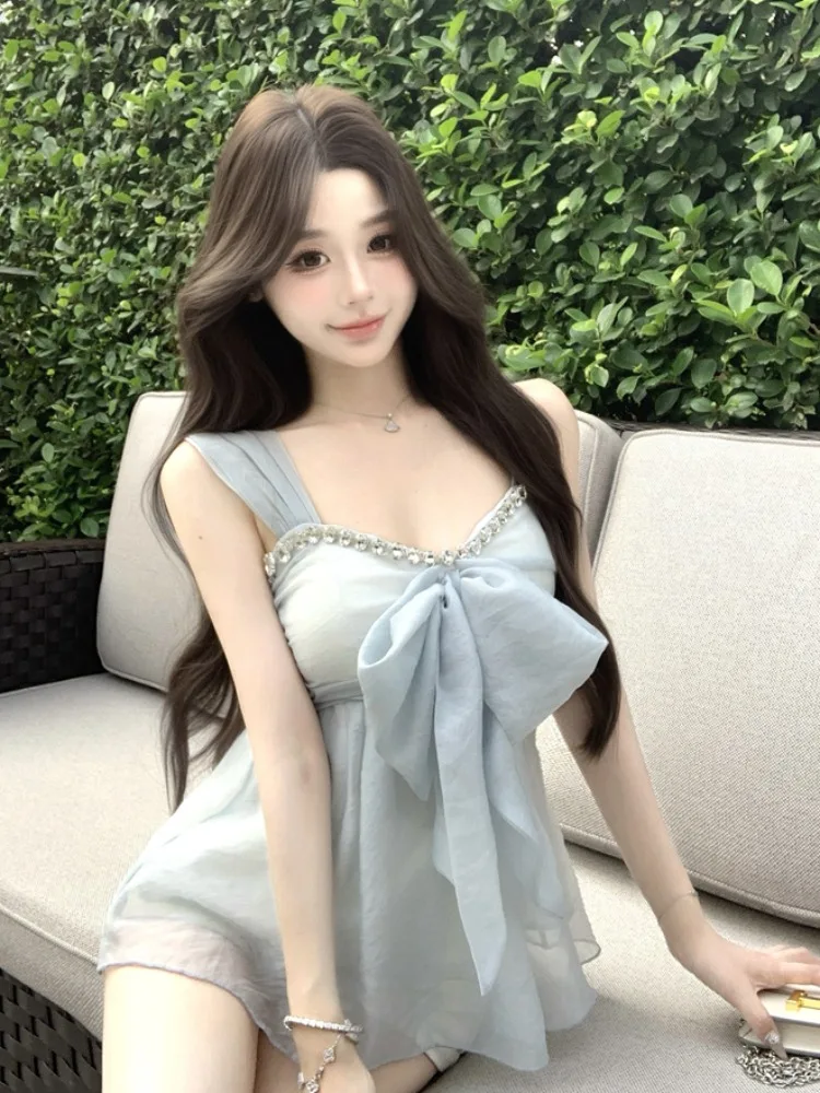 

Summer Knot Diamond Embedded Crop Top Women's Slim Fit Sleeveless Outerwear Design Pure Desire Short Shirt