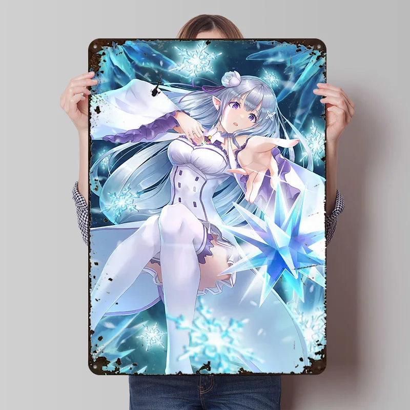 Emilia Re:Zero Anime Character Art Poster Customized Wall Art Vintage Metal Signs Retro Tin Plaque for Man Cave Bathroom Decor