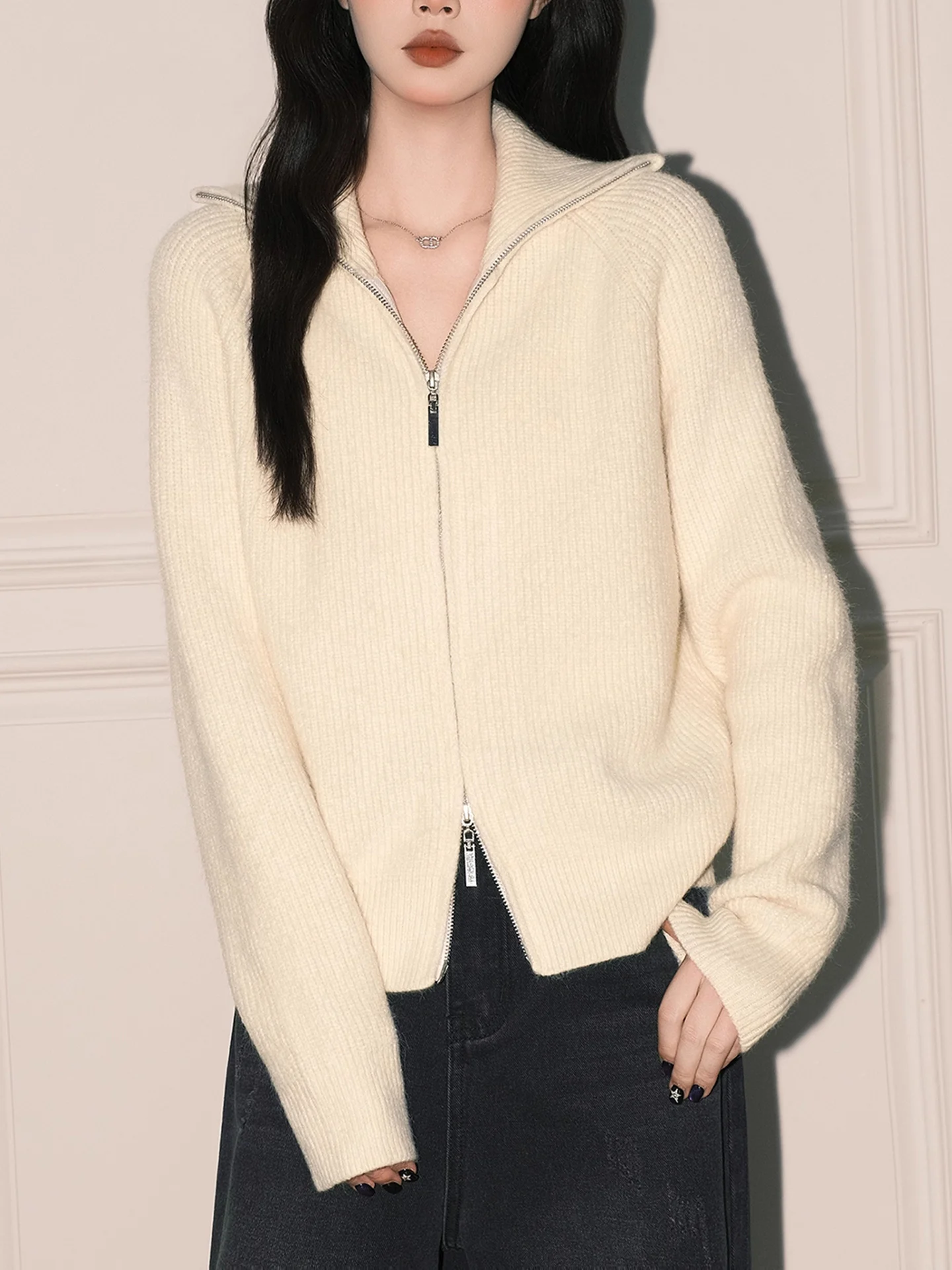 Miękki Biały Rozpinany Sweter z Podwójnym Zamkiem Damski Długi Sweter Dzianinowy Jesienno-Zimowy Ciepły Puszysty Top dla Nastolatek