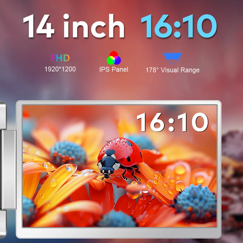 Sem driver plug and play, monitor portátil para laptop de 14 polegadas 1200P flip 360 °   Dobra Esquerda Esquerda e Direita 245 ° , Dobre Direito 205 °