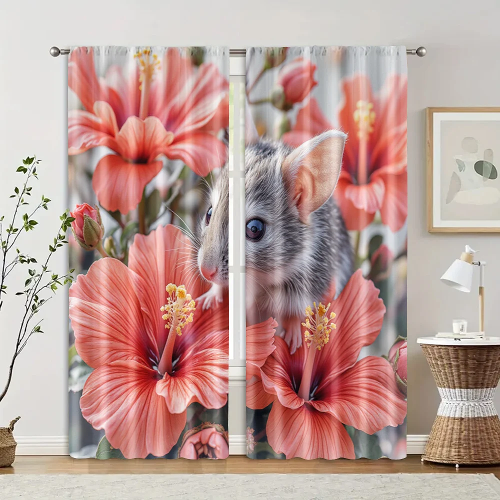 

2 pcs, filtering curtains (excluding rods, non-movable, without batteries) Mouse with Red Flowers for use in bedrooms and living