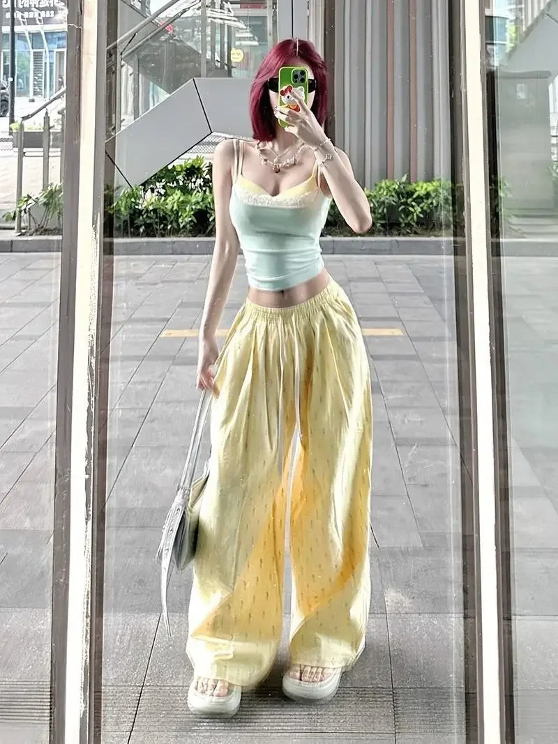 

Sweet Hot Girl Pure Sexy Suit Women's Summer Mint Green Tank Top High Waist Wide Leg Pants Two-piece Set Fashion Female Clothes