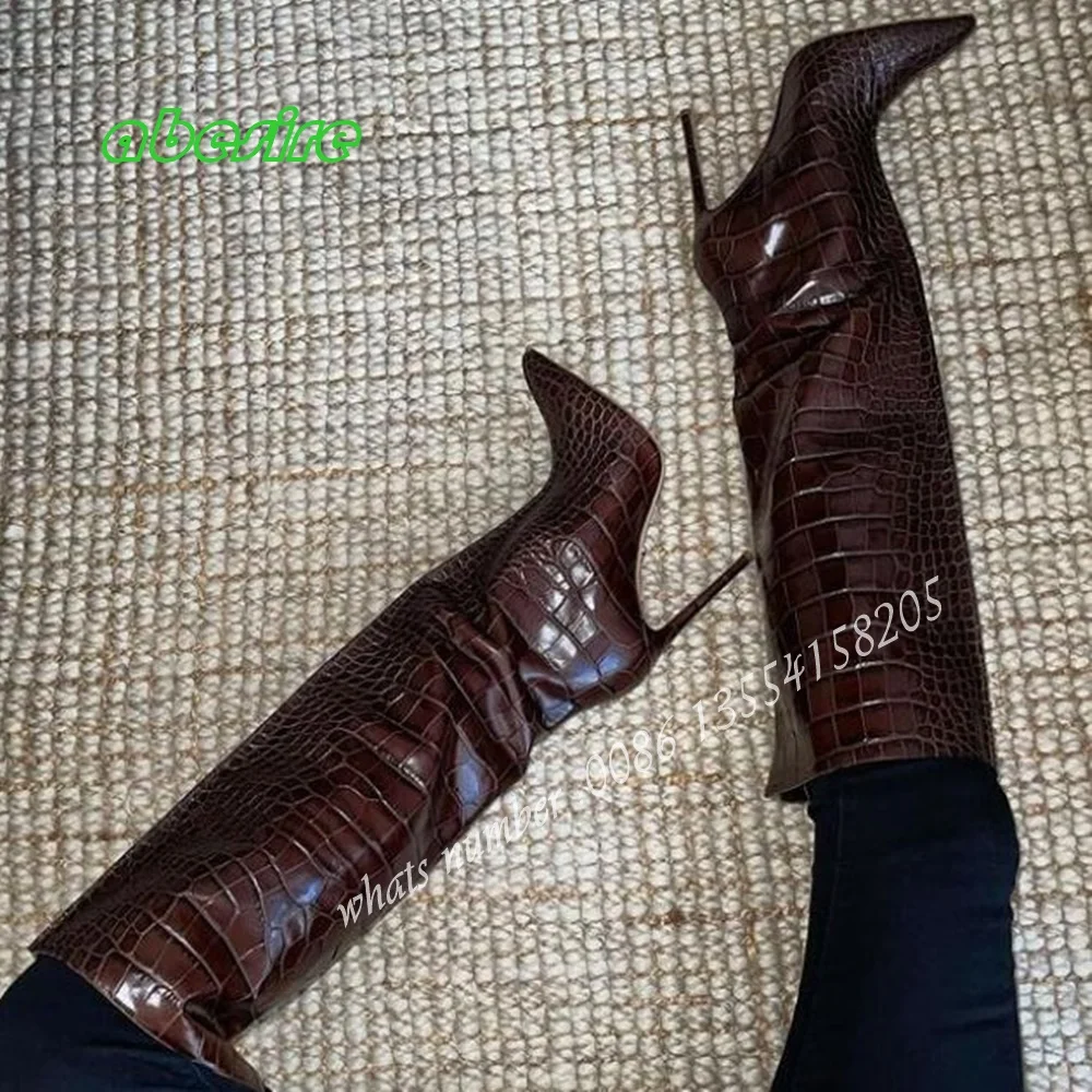 

Crocodile Pattern Leather Boots Brown Casual Winter Women's Pointed Toe Stiletto Heeled Shoes 2023 New Solid Back Zip Sexy Boots