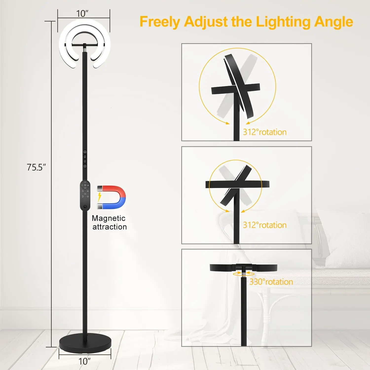 75.5" LED Floor Lamp with Dual Rotatable Lights, Stepless Dimming, Remote Control for Living Room and Office