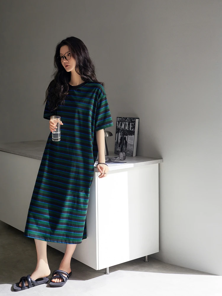 Pure Cotton Women's Sleepwear Summer Thin Short Sleeve Long Dress Vintage Striped Casual Large Size Comfortable Nightgown