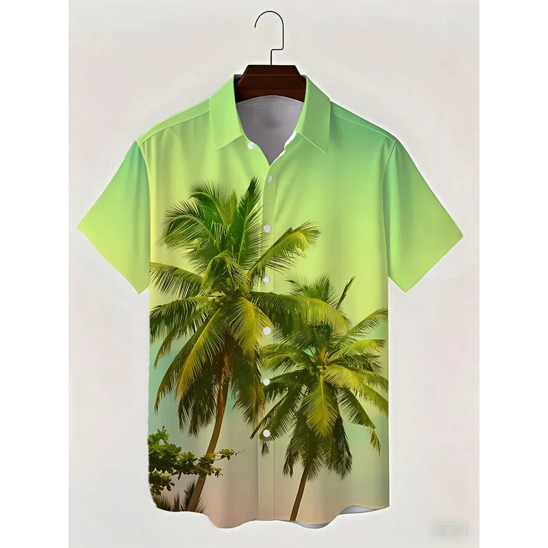 

Мужская гавайская рубашка с пальмовым деревом и короткими рукавами, гавайская отпускная повседневная летняя и весенняя рубашка с воротником на пуговицах зеленого клевера