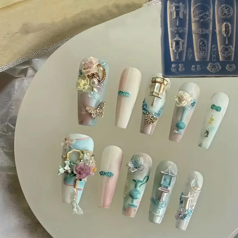3D-Silikon-Nagelform mit chinesischer Palastlaterne – DIY unverzichtbare kreative Nagelstudio- und Retro-Nageldekoration |   exquisite Nagelkunst