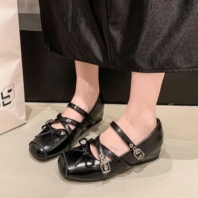 

Silver Hidden Wedge Ballet Flats Women 2026 New French Bow Mary Jane Shoes Flat Heels Ladies Spring Pumps
