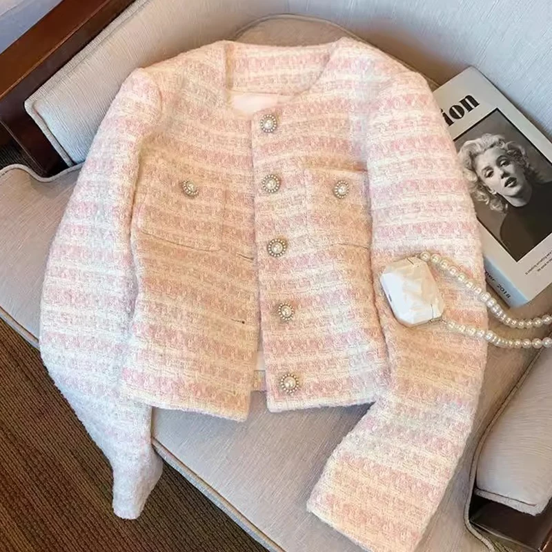 2026 Korean Pink Cropped Coats Women Elegant Pearl Button Long Sleeve Tweed Jackets Woman Spring Autumn Round Neck Outerwear