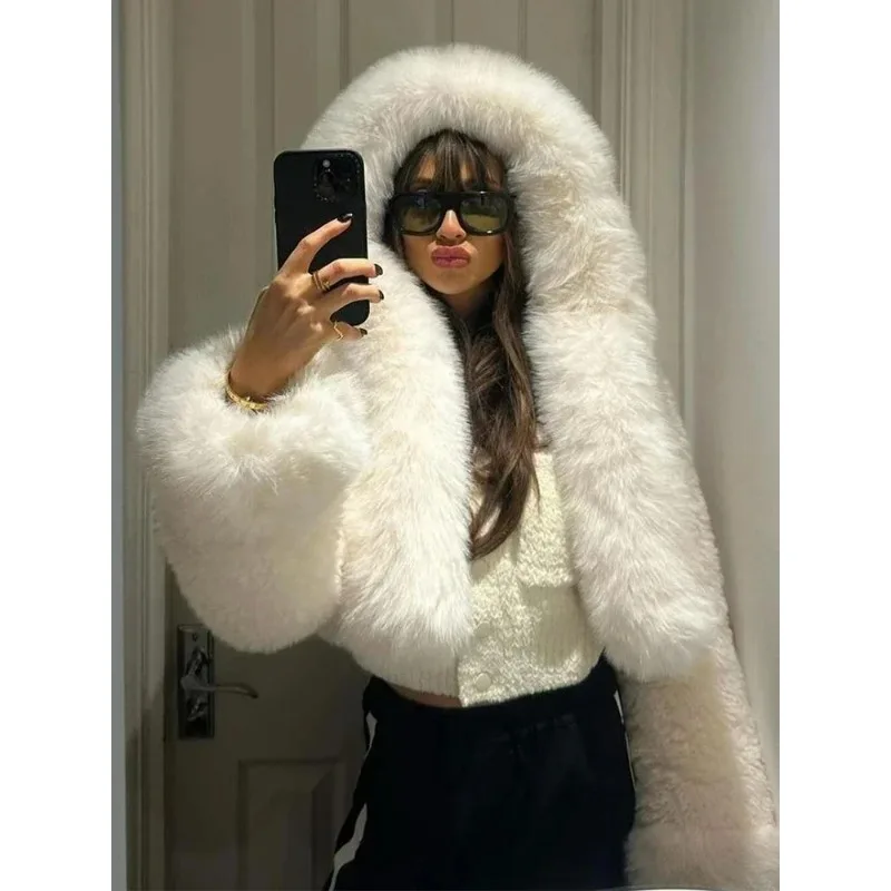 

Женское короткое пальто из искусственного меха с отложным воротником, длинными рукавами, капюшоном, свободного кроя, утепленное, мини-пальто 2026, теплое, для вечеринок и повседневной носки