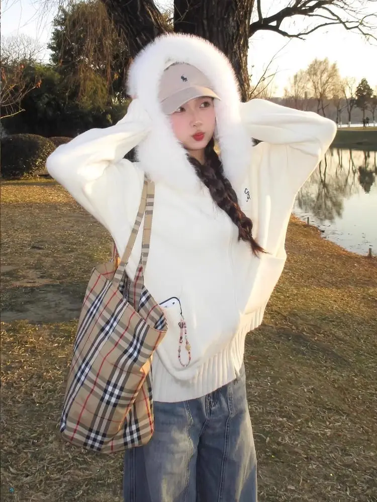 

American Retro Wool Collar Hooded Sweater Women Autumn Winter New Style Relaxed Casual Lazy Style Top