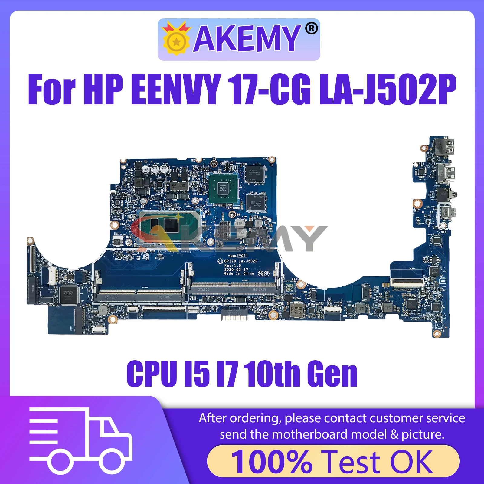 AKEMY LA-J502P Mainboard For HP ENVY 17-CG 17M-CG L87979-601 L87978-601 GPI70 Laptop Motherboard with CPU I5 I7 10th Gen