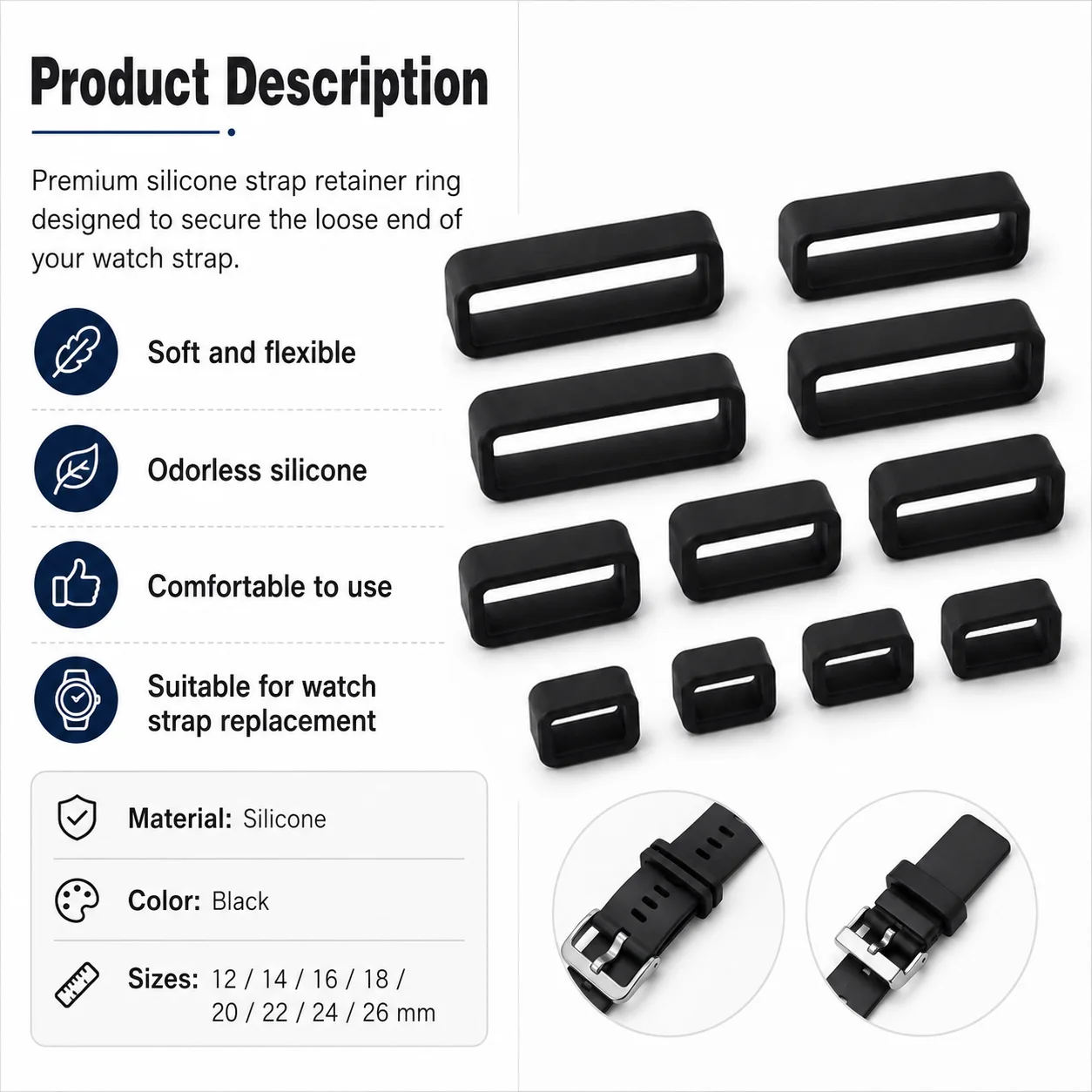 5-30Pcs Watchband Rings 12-26mm, Soft Silicone Strap Keeper Holder Anti-Slip Retainer Loop for Watchband Replacement Parts