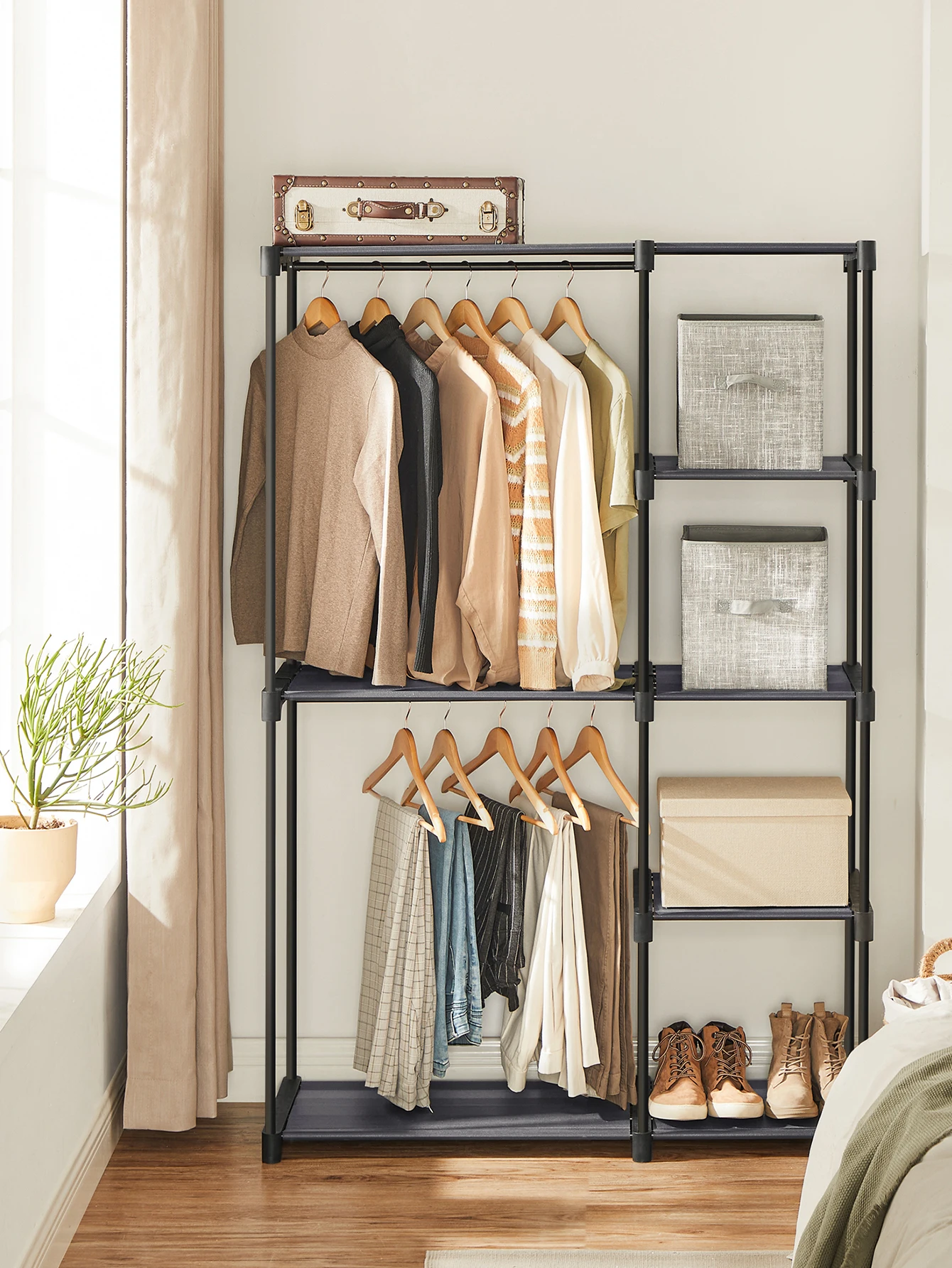 SONGMICS Freestanding Closet Organizer, Portable Wardrobe With 2 Hanging Rods, Clothes Rack, Storage Organizer, Cloakroom, St