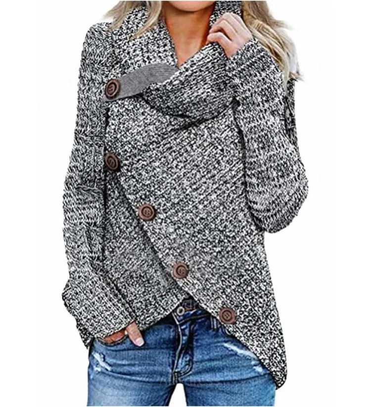 Frauen Herbst Winter Neue Neue High-neck Lange ärmeln Unregelmäßigen Diagonal Taste Pullover Gestrickte Pullover Top Einfarbig