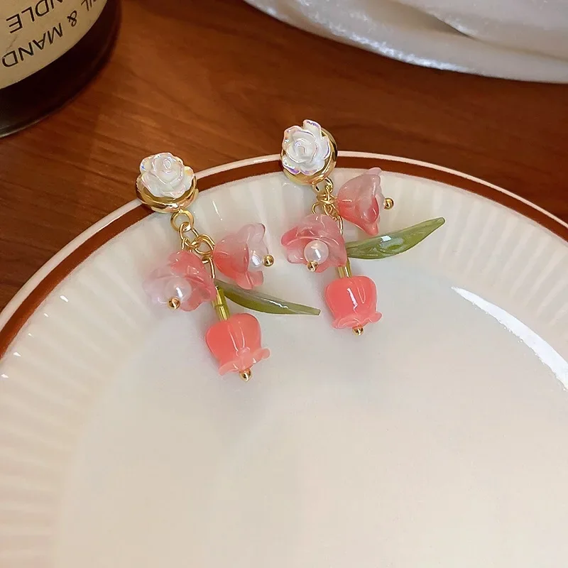 Sweet Pink Lily of Valley Flower Clip on Earrings Green Leaves Cute Resin Tulip Flower Non Pierced Ears Clip for Women Party