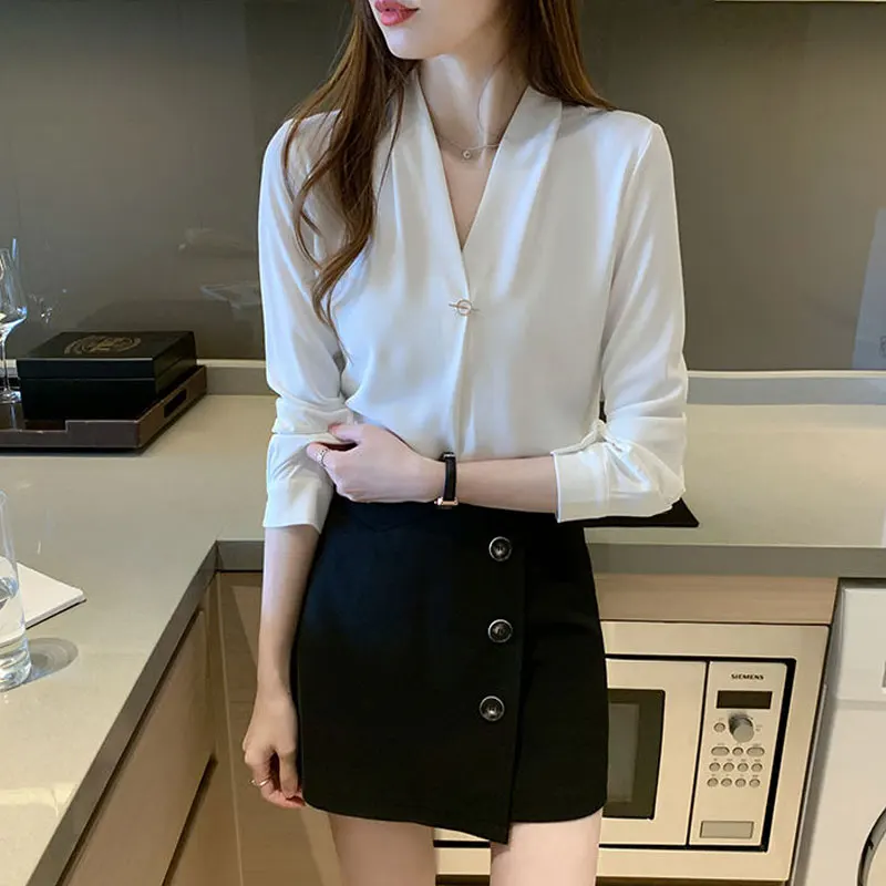 Female Clothing Commute V-Neck Solid Color Shirt Stylish Long Sleeve Spring Autumn Button Three-dimensional Decoration Blouse