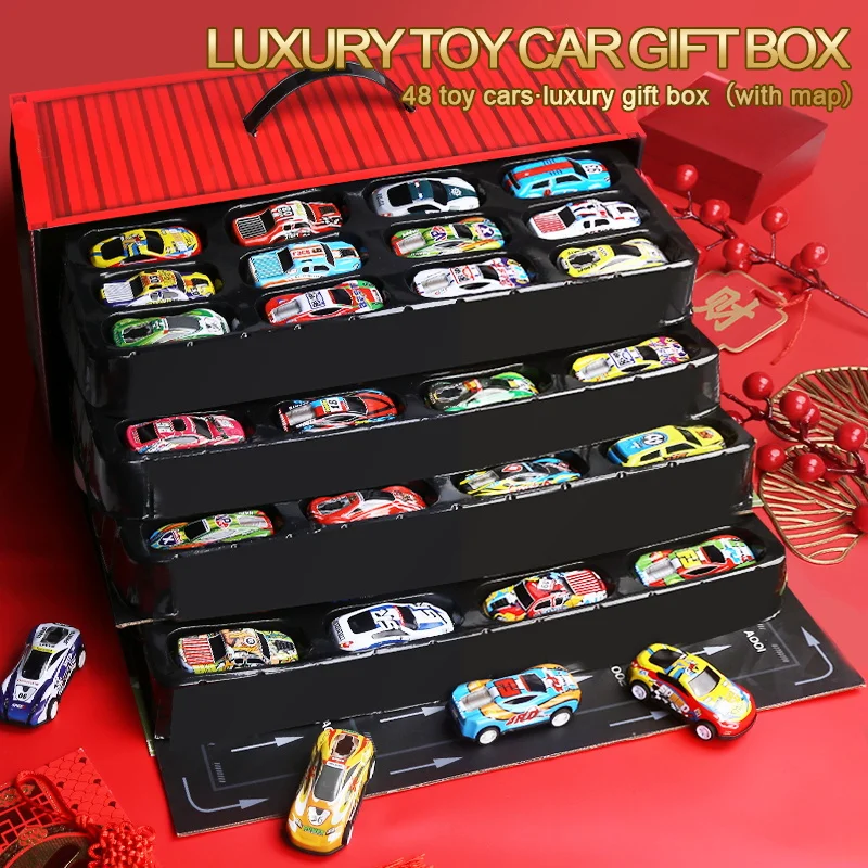 48개 금속 철 합금 자동차 트럭 장난감 기차 트랙 세트 슬롯카 모델 어린이 장난감 소년 미니어처 트롤리 크리스마스 선물