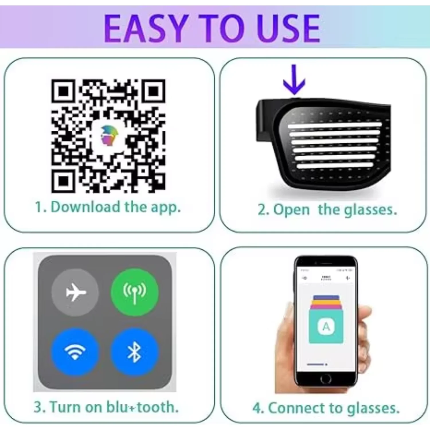 Customizable Blue tooth LED Glasses for Raves, Festivals, Fun, Parties, Sports, Costumes,  - Display Messages, Animation