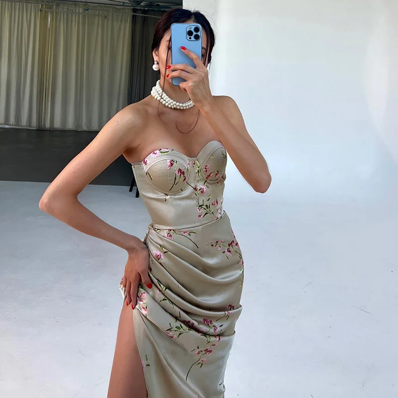 Flower Printed Sexy Prom Dress Sleeveless Side Split Skirt Sweetheart Summer Evening Party Gown Robes de mariée In Stock