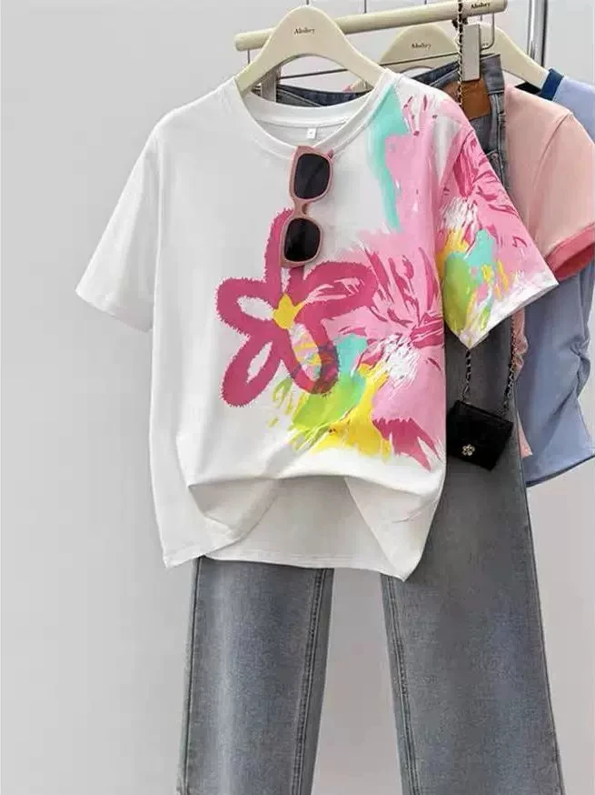 Extra Large 300 Pounds Retro Flower Graffiti Short Sleeve Women's T-Shirt Summer Casual Loose Fashionable Top Korean Style Po...