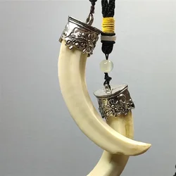 Jiale/Old Tibetan Silver Inlaid Natural Wild Boar Teeth Beast Necklace Pendant Domineering Men Decorative Personality Retro Gift