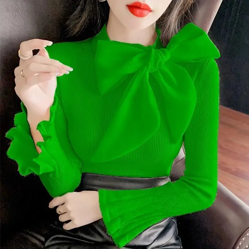 Elegant Solid Color Flare Sleeve Knitted Bow Blouse Women\'s Clothing 2022 Autumn New All-match Casual Pullovers Loose Sweet Shir