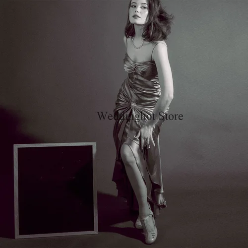 Imagen 2 del producto Vestido de fiesta para mujer 2025, tirantes finos, sirena, verde, vestido de fiesta de satén sin mangas, plisado alto, vestidos de fiesta sexys para bodas