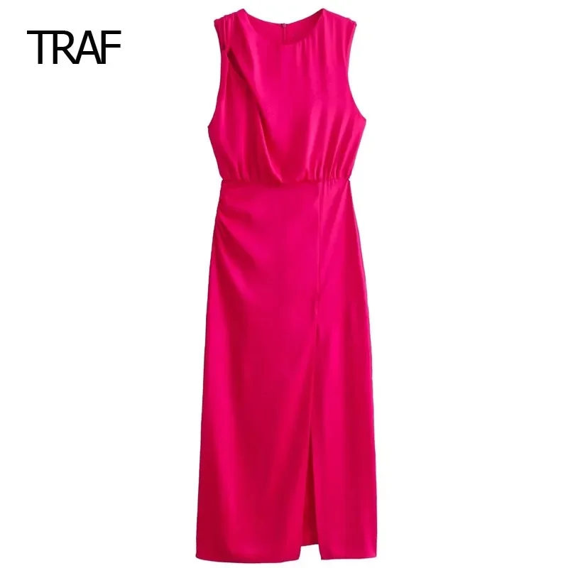 TRAF Women Dresses Spring Summer 2024 Midi Satin Dress Ruffled O-Neck Sleeveless Slit Dresses Party Dress Women Elegant Luxury